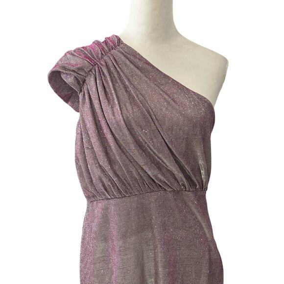 Area Sheath Dress One Shoulder Ruched Detail Lightweight Metallic W Large NWOT - Picture 2 of 8